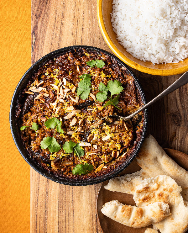 Baked eggplant and lentil korma