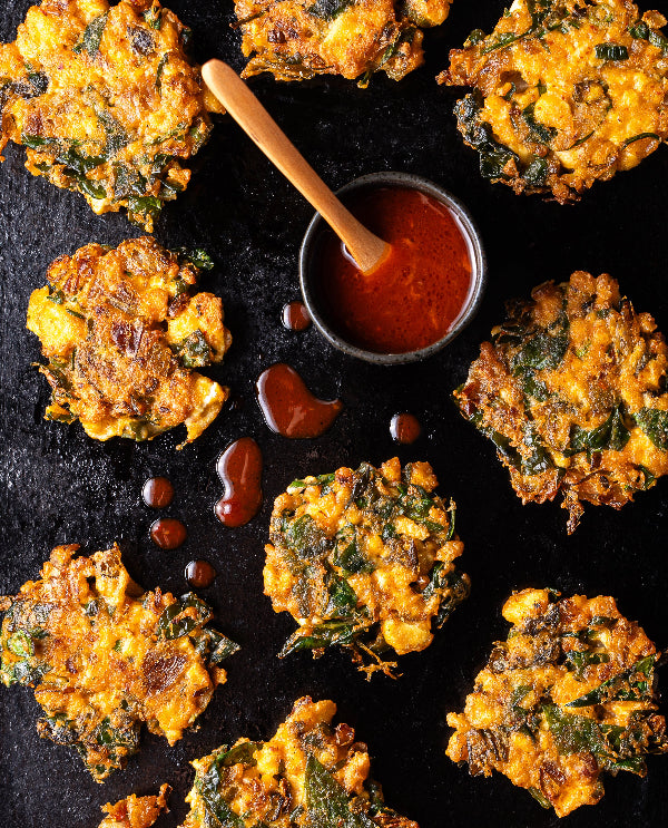 Kimchi, tofu and spinach fritters